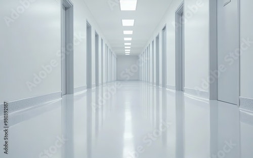 Empty hospital corridor with clean floors and bright lighting, symbolizing efficiency in healthcare, modern medical facility