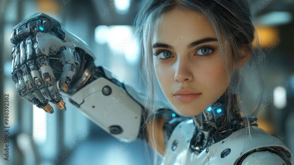 Cyborg Woman with Robotic Arm Looking at the Camera Cyborg Woman with Robotic Arm Looking at the Camera