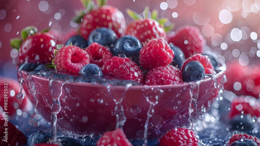 Berry Explosion: A bowl overflowing with fresh berries like strawberries, blueberries, and raspberries, set against a bright and colorful background, capturing the freshness and sweetness of summer Berry Explosion: A bowl overflowing with fresh berries like strawberries, blueberries, and raspberries, set against a bright and colorful background, capturing the freshness and sweetness of summer