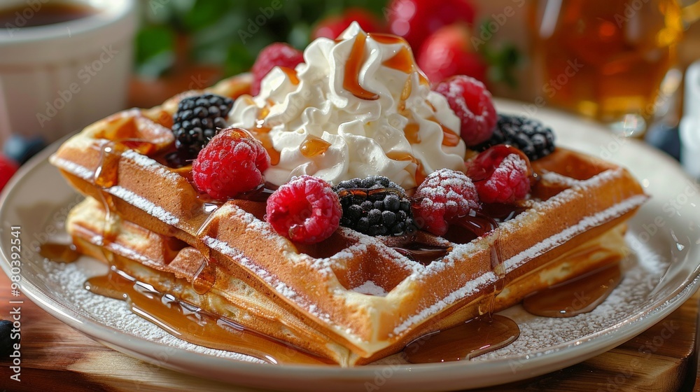 Breakfast Waffles: A plate of waffles topped with fresh berries, syrup, and whipped cream, arranged in a fun and inviting way that makes breakfast time exciting for kids. Breakfast Waffles: A plate of waffles topped with fresh berries, syrup, and whipped cream, arranged in a fun and inviting way that makes breakfast time exciting for kids.