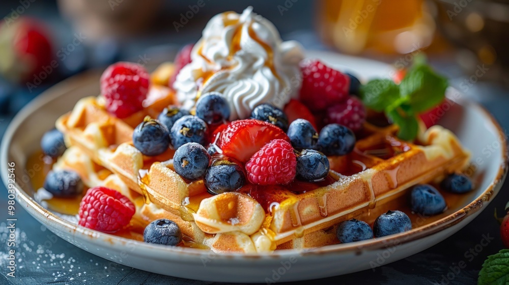 Breakfast Waffles: A plate of waffles topped with fresh berries, syrup, and whipped cream, arranged in a fun and inviting way that makes breakfast time exciting for kids. Breakfast Waffles: A plate of waffles topped with fresh berries, syrup, and whipped cream, arranged in a fun and inviting way that makes breakfast time exciting for kids.