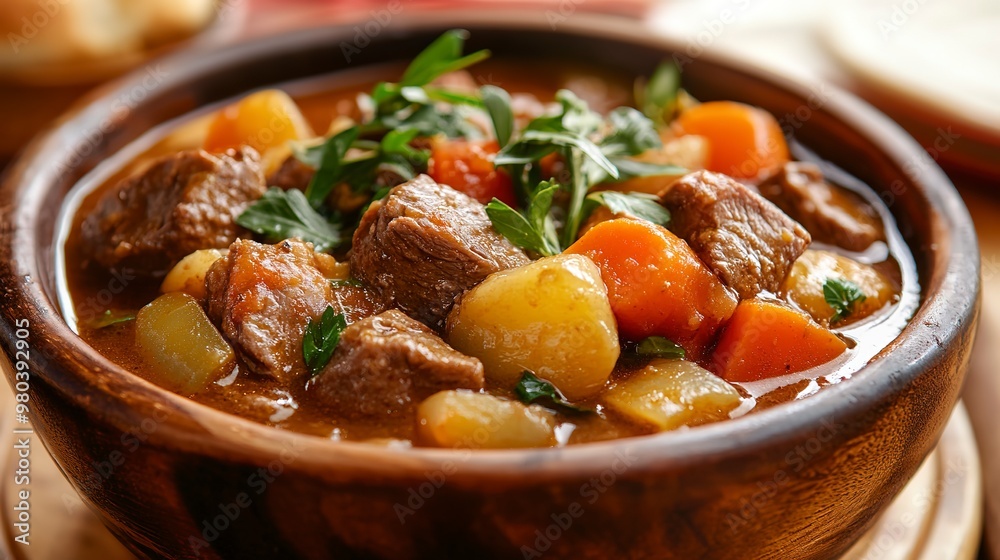 Detailed shot of a hearty beef stew with tender meat, vegetables, and a rich gravy, served in a rustic bowl, capturing the comforting and satisfying appearance Detailed shot of a hearty beef stew with tender meat, vegetables, and a rich gravy, served in a rustic bowl, capturing the comforting and satisfying appearance