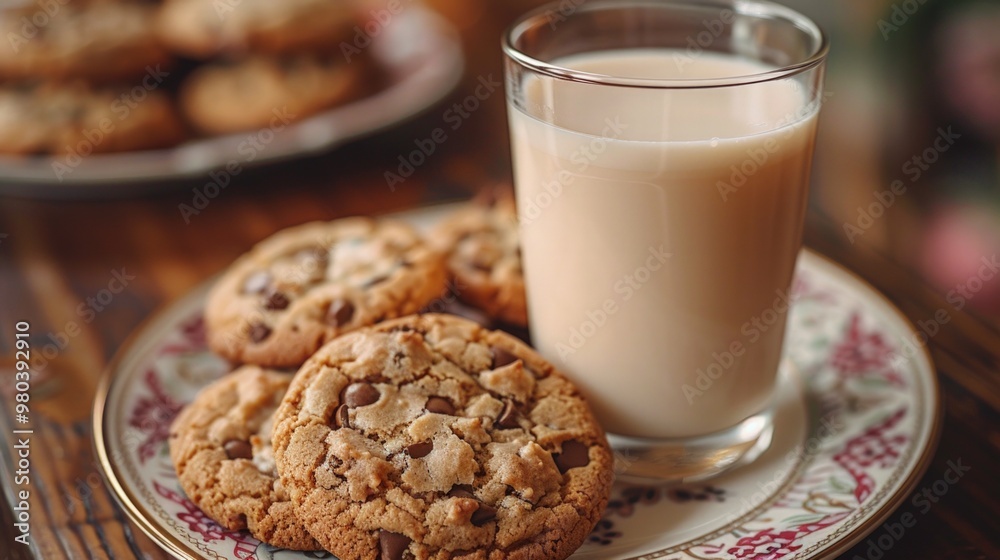 Milk and Cookies: A classic scene of a glass of milk with a plate of freshly baked cookies, arranged on a playful, kid-friendly background that evokes a sense of warmth and comfort. Milk and Cookies: A classic scene of a glass of milk with a plate of freshly baked cookies, arranged on a playful, kid-friendly background that evokes a sense of warmth and comfort.