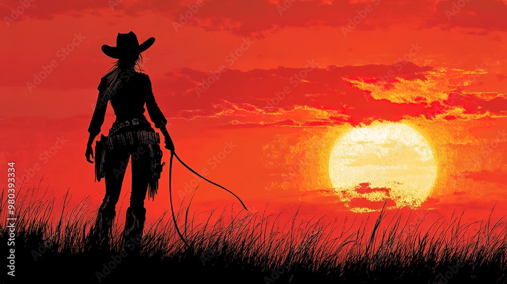 A Cowgirl Silhouette Against a Sunset with a Whip A Cowgirl Silhouette Against a Sunset with a Whip