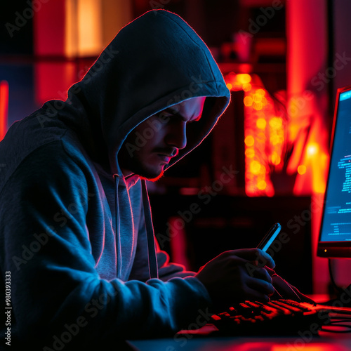 A hacker or phone scammer in a hoodie, working at a computer and mobile smartphone in a dark room. The cybercriminal uses malware on the phone to hack devices. The scene features a hacker in a dark.