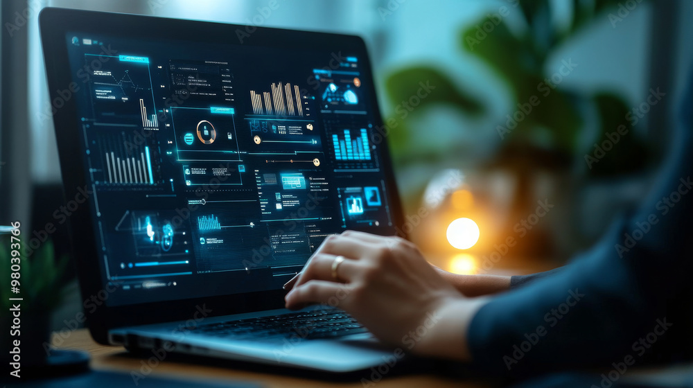 A project manager’s hand interacting with a computer UI, displaying icons related to task scheduling, deliverables, budget, and teamwork strategy. Highlights management skills and project planning. A project manager’s hand interacting with a computer UI, displaying icons related to task scheduling, deliverables, budget, and teamwork strategy. Highlights management skills and project planning.