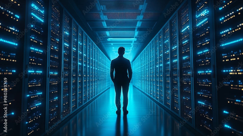 IT specialist stands in a server room, surrounded by racks of humming servers and blinking LED lights IT specialist stands in a server room, surrounded by racks of humming servers and blinking LED lights