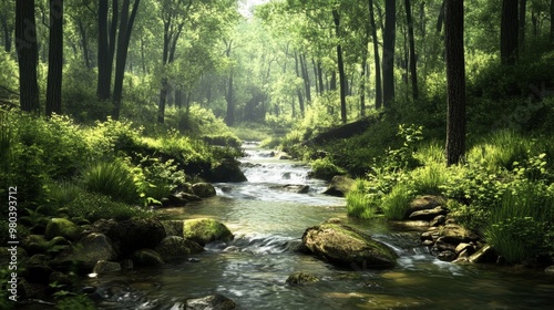 A tranquil forest scene with a gentle stream flowing through it.