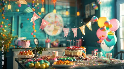 A festive birthday banner hanging above a decorated table.