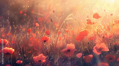 A field of poppies dancing in the sunlight with a soft breeze.