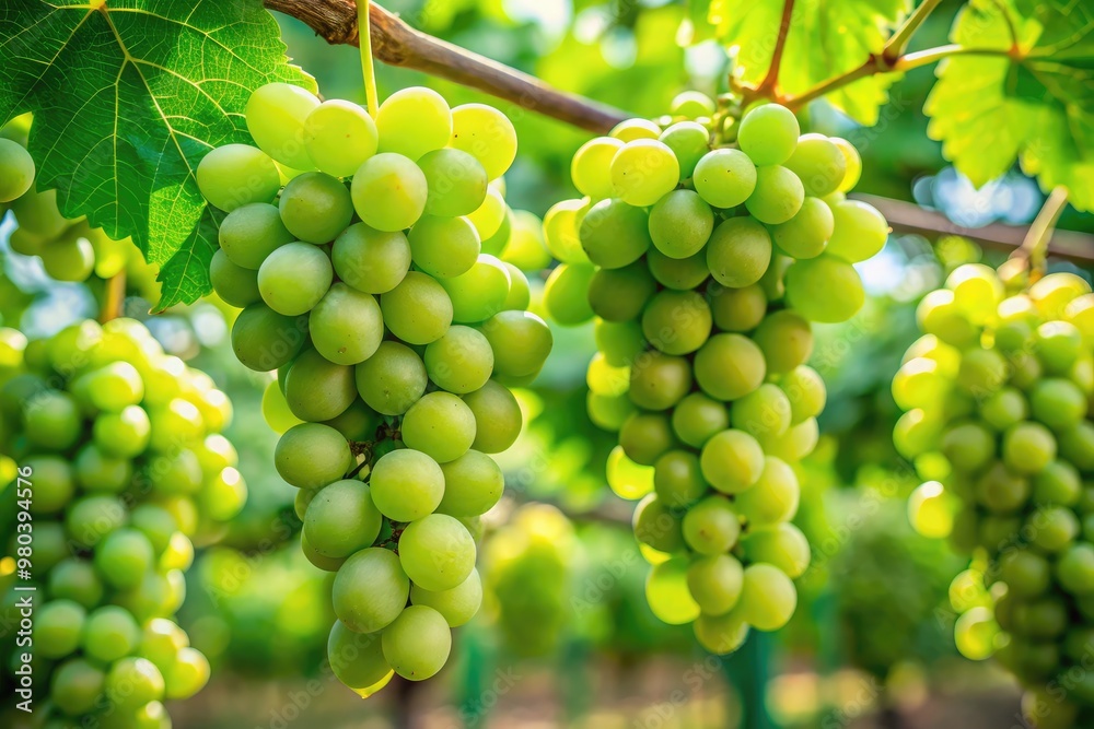 Amidst the vineyard, ripe Shine Muscat grapes with glossy emerald green skin glisten in the sunlight. The plump, sweet grapes stand out against lush green leaves, creating a vibrant, fresh summer Amidst the vineyard, ripe Shine Muscat grapes with glossy emerald green skin glisten in the sunlight. The plump, sweet grapes stand out against lush green leaves, creating a vibrant, fresh summer