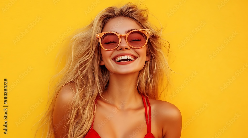 A young woman with long blonde hair and a bright smile wears sunglasses and a red bikini top, standing against a yellow background. A young woman with long blonde hair and a bright smile wears sunglasses and a red bikini top, standing against a yellow background.