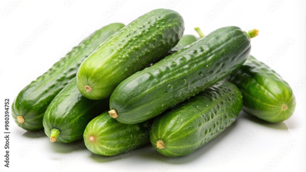 Close-up of tiny, fresh baby cucumbers with miniature tails against a white background Close-up of tiny, fresh baby cucumbers with miniature tails against a white background