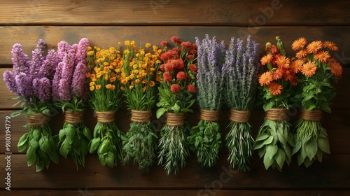  Bundles of Freshly Harvested Herbs Hanging on Wooden Wall, Vibrant Selection of Aromatic Plants for Culinary and Medicinal Use