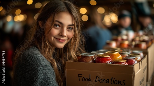 : Smiling Woman Donating Canned Food in Festive Holiday Setting, Contributing to Food Drive with Charitable Spirit photo