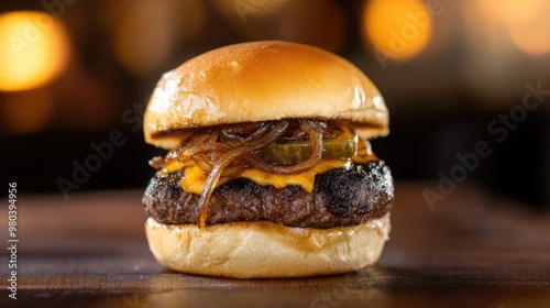 A beef slider topped with cheddar cheese, caramelized onions, and a pickle on a soft bun.