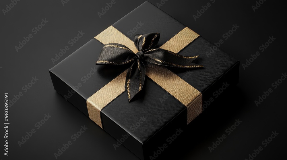 A black and gold luxury gift box with a sleek bow, creating a sense of elegance and sophistication. A black and gold luxury gift box with a sleek bow, creating a sense of elegance and sophistication.