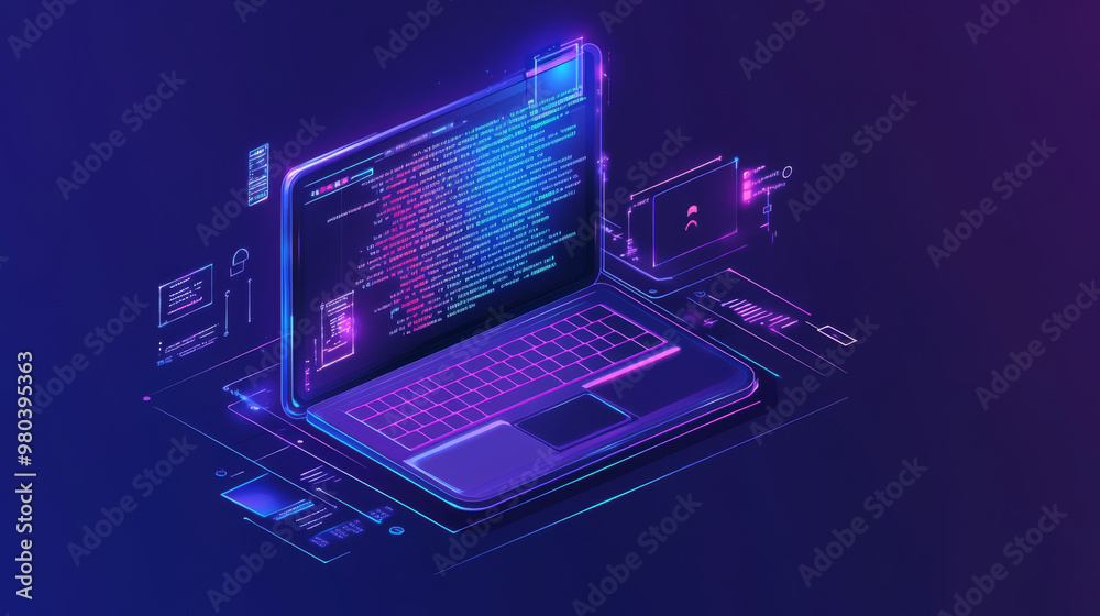 Laptop displaying code on the screen, surrounded by icons representing ...