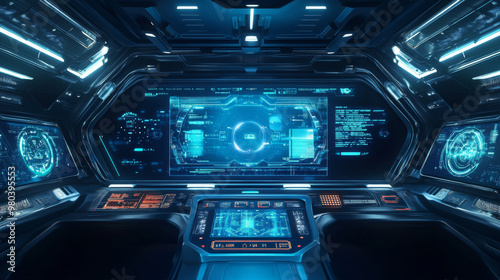 Blue virtual reality environment. Futuristic VR interface, Head-Up Display (HUD) design. Sci-Fi helmet HUD UI. Advanced technology. Cockpit view of a futuristic autonomous vehicle. High-tech screen .