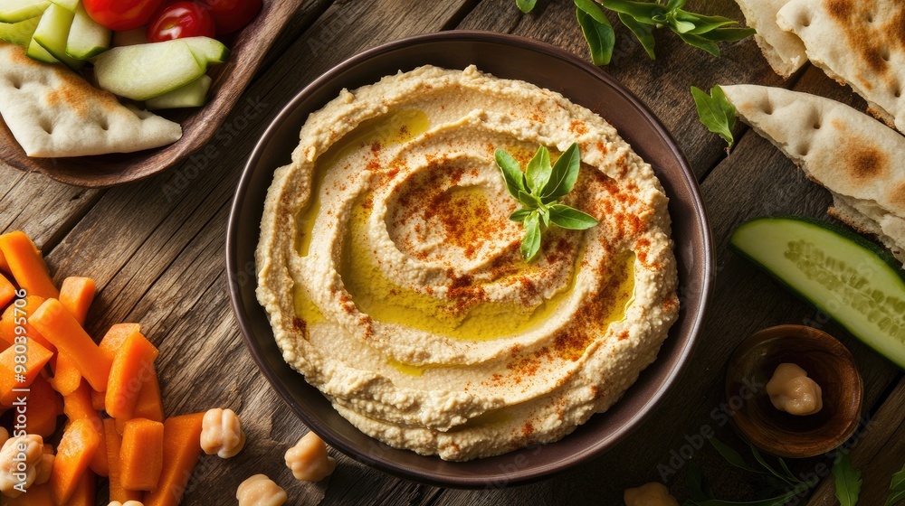 A bowl of smooth hummus drizzled with olive oil, surrounded by pita bread and veggies. A bowl of smooth hummus drizzled with olive oil, surrounded by pita bread and veggies.