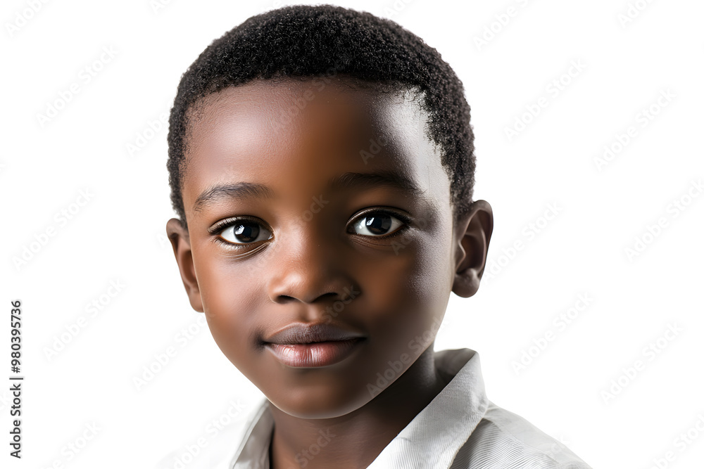 A close-up portrait of an African small boy in elegant suit with black skin against a white background A close-up portrait of an African small boy in elegant suit with black skin against a white background