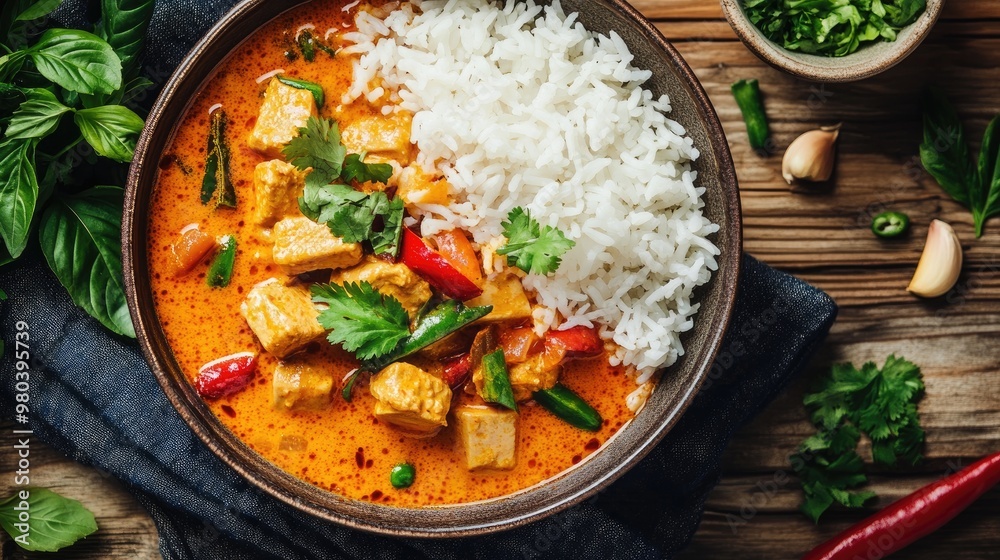 A bowl of spicy Thai curry with jasmine rice on the side, garnished with fresh herbs. A bowl of spicy Thai curry with jasmine rice on the side, garnished with fresh herbs.