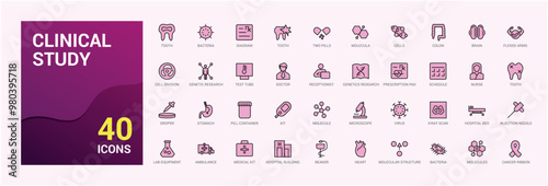 Clinical study colorful icons collection. Set and pack of web and ui medical icons. Vector illustration. Healthcare icon names are written in English.