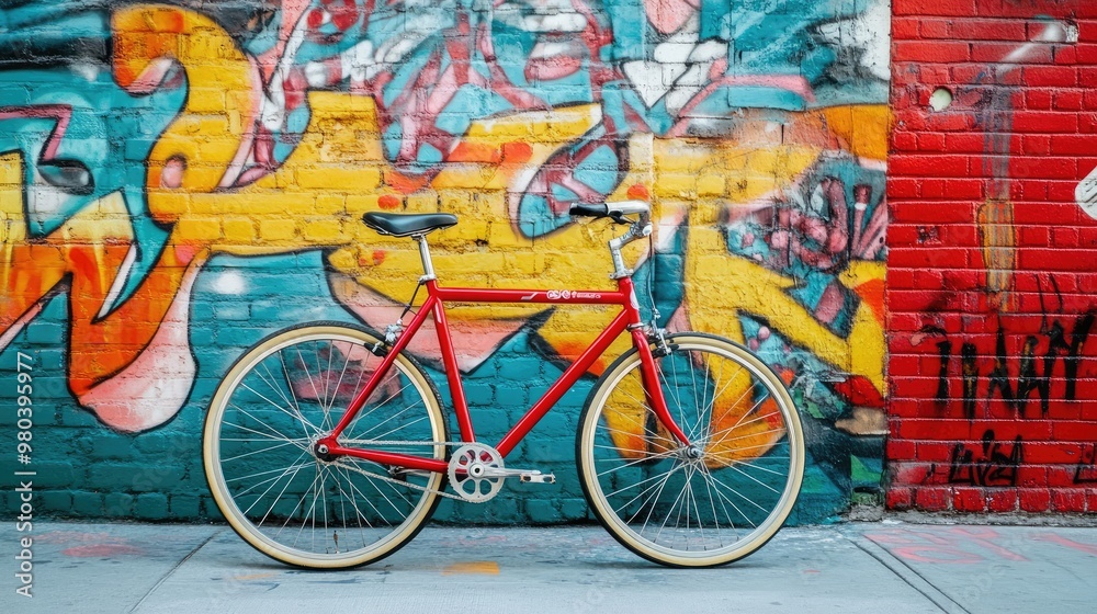 Fototapeta premium A bright red bicycle parked against a colorful graffiti wall in an urban cityscape