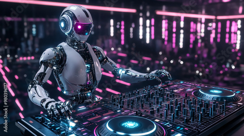 Robot DJ at a virtual reality turntable: a cyborg is mixing tracks on a soundboard at nightclub event. With an electronic music festival scene in the background, the robot manipulates various control