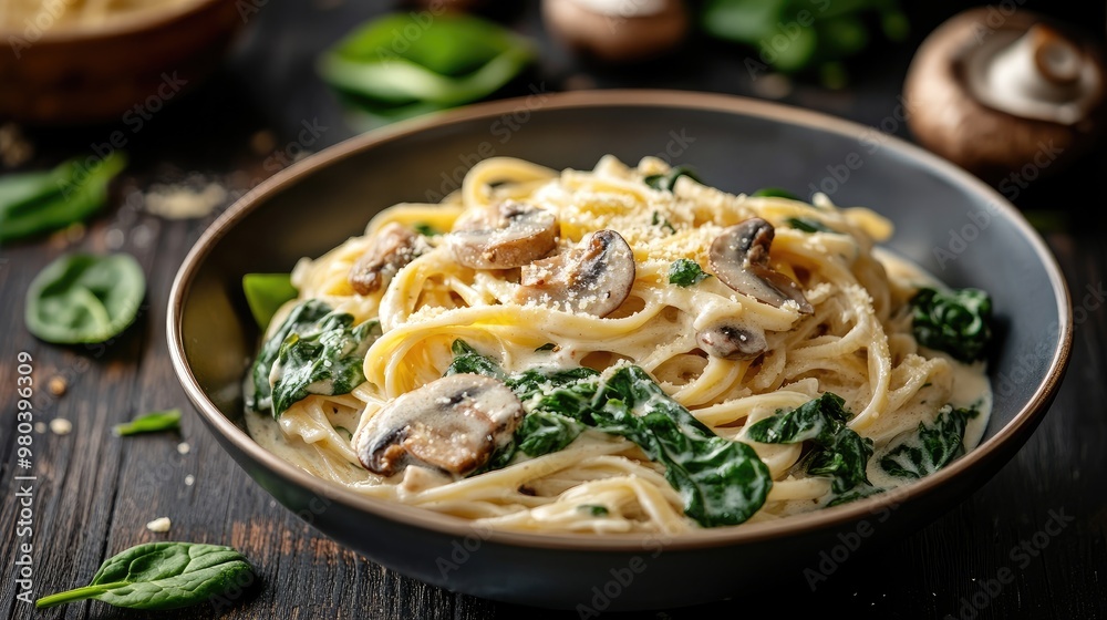 A close-up of a bowl of creamy pasta with spinach and mushrooms, placed on a dark wooden table. - A close-up of a bowl of creamy pasta with spinach and mushrooms, placed on a dark wooden table. -
