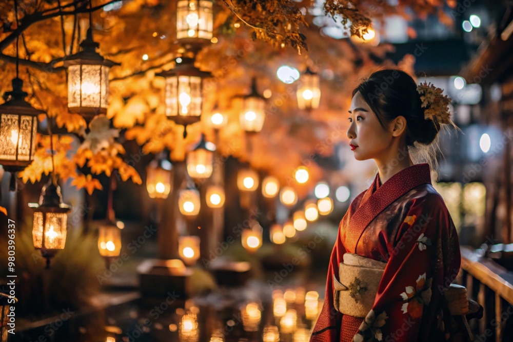 A Japanese girl in a traditional national costume - a kimono. On a fabulous background of lanterns and autumn trees. The portrait symbolizes the traditions and culture of the people of Japan. A Japanese girl in a traditional national costume - a kimono. On a fabulous background of lanterns and autumn trees. The portrait symbolizes the traditions and culture of the people of Japan.