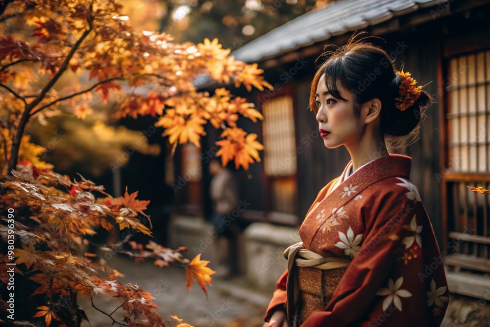 A Japanese girl in a traditional national costume - a kimono. On a fabulous background of lanterns and autumn trees. The portrait symbolizes the traditions and culture of the people of Japan.