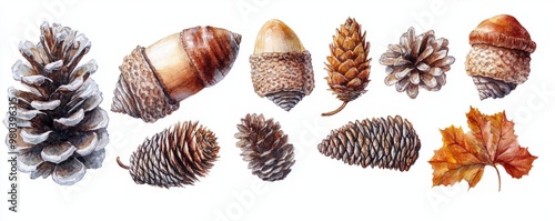 Wallpaper Mural A collection of beautifully illustrated pinecones, acorns, and autumn leaves showcasing natural textures and earthy colors. Torontodigital.ca