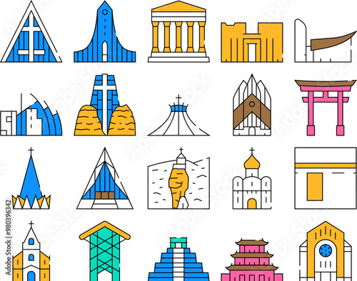 Temple Construction Collection Icons Set Vector. Religion Cathedral And Synagogue, Catholic Chapel And Church, Kaaba And Mayan Temple Religion Building color Contour Illustrations