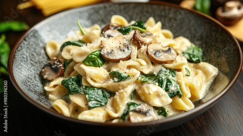 A close-up of a bowl of creamy pasta with spinach and mushrooms, placed on a dark wooden table. -