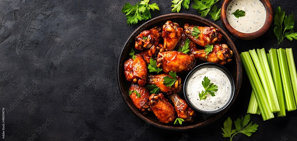 Savor the Heat: Irresistible Spicy Chicken Wings with Creamy Dip and Fresh Celery Sticks Platter. Juicy Food Concept