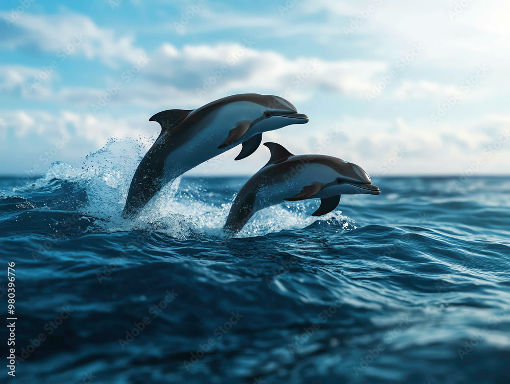 Fototapeta premium Dolphins jumping through waves, ocean horizon in the background, 3D illustration