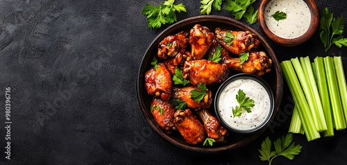 Savor the Heat: Irresistible Spicy Chicken Wings with Creamy Dip and Fresh Celery Sticks Platter. Juicy Food Concept photo