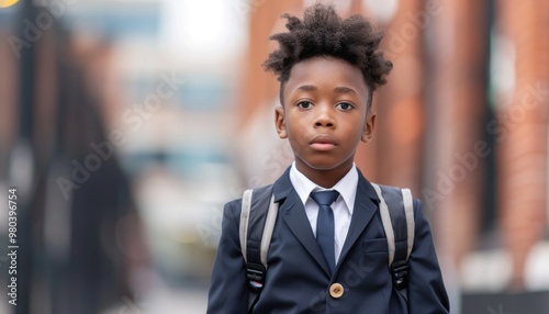 Portrait of a young African-American boy wearing a suit and tie