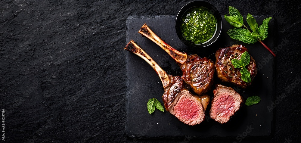 Perfectly Seared Rack of Lamb Served with Fresh Mint Sauce on a Slate Platter for Culinary Bliss. Juicy Food Concept Perfectly Seared Rack of Lamb Served with Fresh Mint Sauce on a Slate Platter for Culinary Bliss. Juicy Food Concept