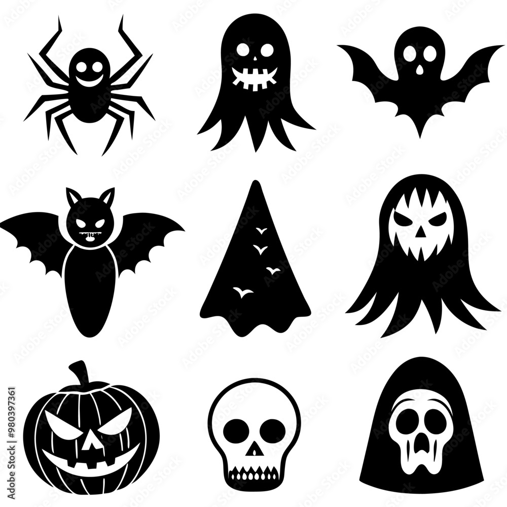 Obraz premium Halloween collection - Jack o'lantern, ghosts, spiders, broomstick, bats, witch hat, spiderweb black silhouettes. Illustration on transparent background
