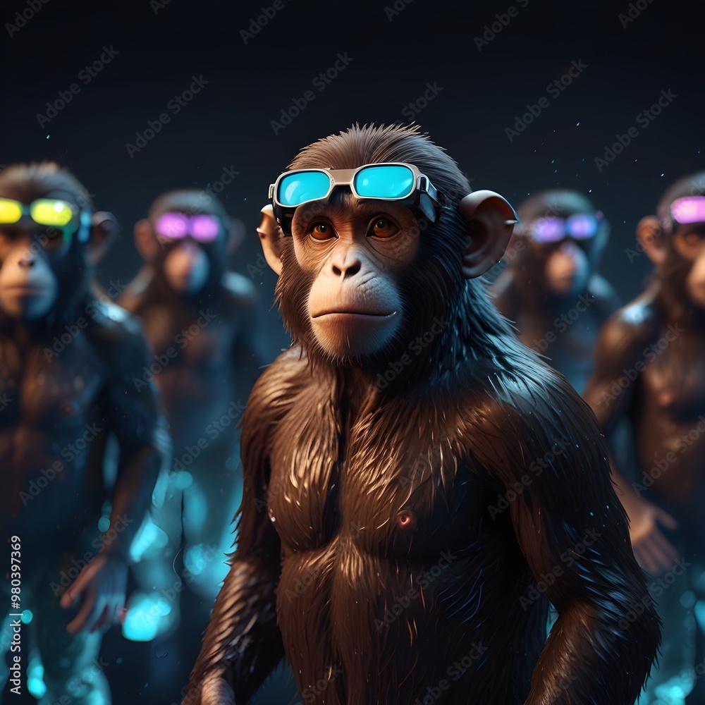 3d monkey character style nft collection with VR goggles immersed in backlit diffuse liquid. metaverse concept, technology, video games and virtual reality, generative artificial intelligence See Less 3d monkey character style nft collection with VR goggles immersed in backlit diffuse liquid. metaverse concept, technology, video games and virtual reality, generative artificial intelligence See Less