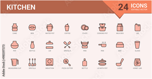 Kitchen colorful icons set, set of color icon related to pans, plates, knives set. Line icon for web and ui. Vector illustration. Icon names are written in English.