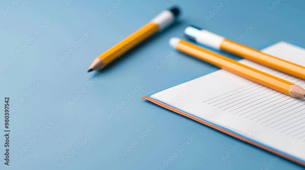 Yellow Pencils on Notebook with Blue Background Yellow Pencils on Notebook with Blue Background