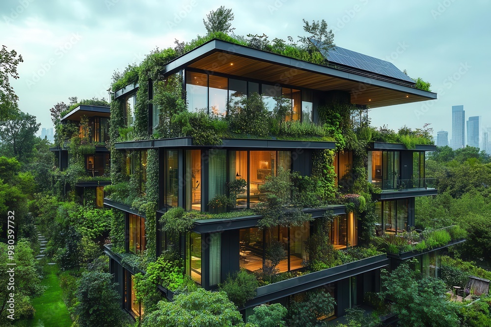 modern ecofriendly housing complex sleek architecture rooftop solar panels lush green surroundings modern ecofriendly housing complex sleek architecture rooftop solar panels lush green surroundings