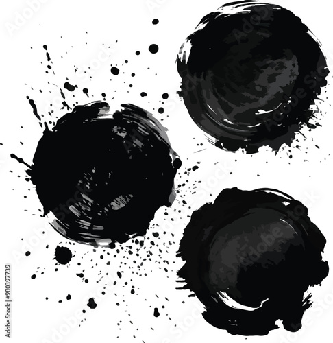 vector black ink brush circles. Rough textured hand painted round shapes. Sponge stamp grungy black ink blobs, splashes, dabs and daubs. Abstract watercolor or acrylic sponge stain background.