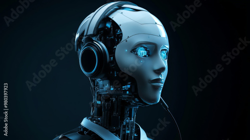 Robot face with headphones and a microphone, responding to inquiries. Represents an avatar or user picture for technical support. Features a cyborg or bot equipped with artificial intelligence.