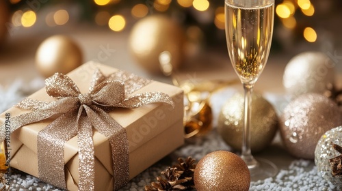A gift box with a glittery bow, placed next to a champagne glass and party decorations.