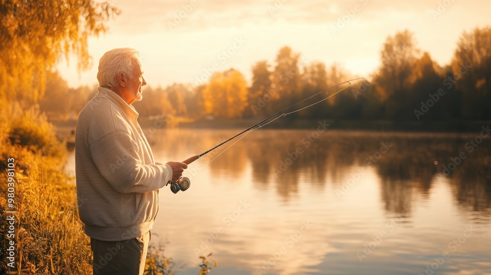 an elderly man standing by a lake, casting a fishing rod into the water. an elderly man standing by a lake, casting a fishing rod into the water.