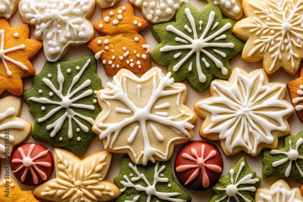 Festive gourmet holiday cookies in various shapes with colorful icing designs